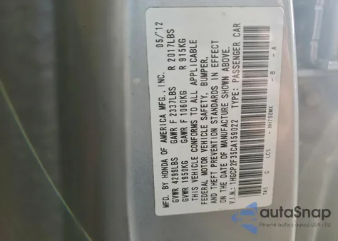 2012 Honda Accord Lx из США, поврежденный, VIN 1HGCP2F35CA159022